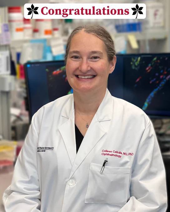 Dr. Collen M. Cebulla headshot in lab setting with text saying "Congratulations" 