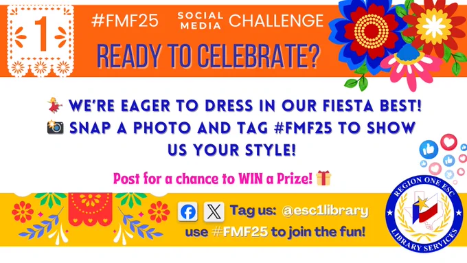 Fall Media Fair 2025 Social Media Challenge begins: post a photo of your style and tag #fmf25 and @esc1library for a chance to win a prize.
