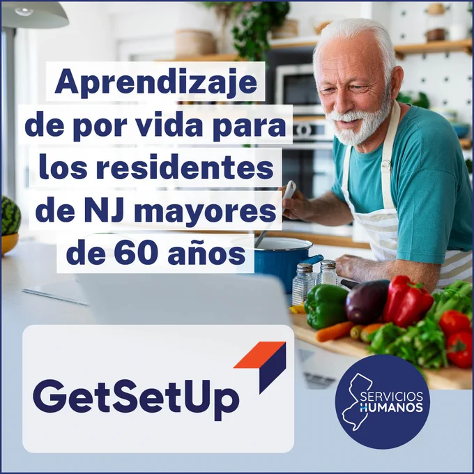 Gráfico de GetSetUp que demuestra a un señor tomando una clase de cocina en línea. 
