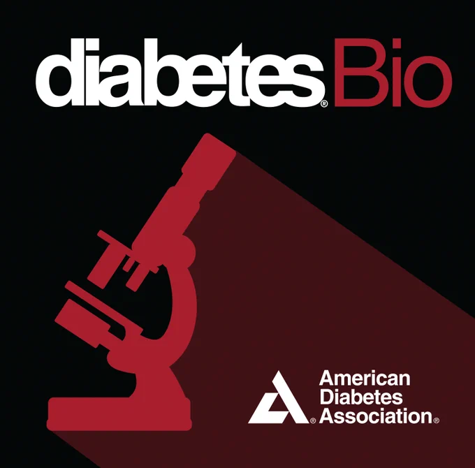 Logo of DiabetesBio podcast, featuring a red microscope graphic and the insignia of the American Diabetes Association.