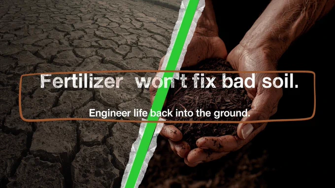 A cracked, lifeless soil surface on the left transforms into rich, living soil cupped in human hands on the right, divided by a glowing green stripe. The text reads “Fertilizer won’t fix bad soil. Engineer life back into the ground.” Rocky Mountain BioAg® logo and tagline “Biological…Beyond Organic® | RockyMountainBioAg.com” appear below. The image represents soil regeneration and biological farming.