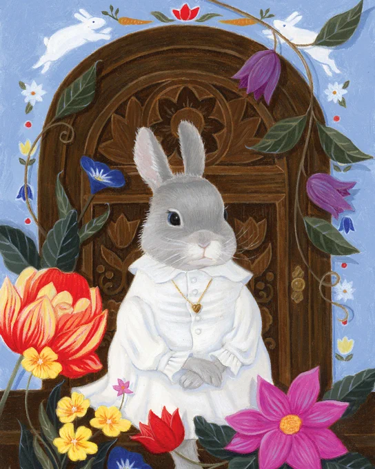 Oil painting by Gina Matarazzo depicting a gray rabbit in a white dress surrounded by flowers. Posted by Abend Gallery in Denver, Colorado, USA.
