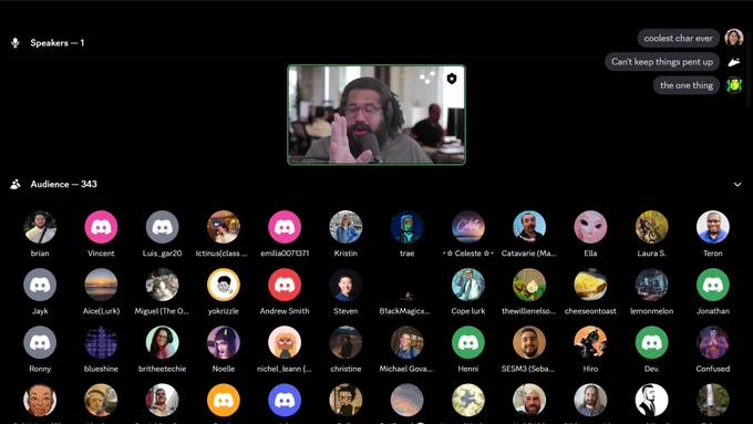 A virtual meeting interface on Discord shows one speaker in a video call at the top center, gestures animatedly. Below, a grid of 343 audience avatars. Chat messages read: "coolest char ever," "Can't keep things pent up," and "the one thing."