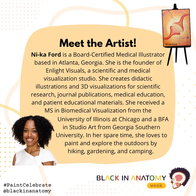 Black in Anatomy Week 2025 Meet the Artist of “Connection” painting being reproduced in the #PaintCelebrate event for Black in Anatomy’s 5th Anniversary: Ni-ka Ford is a Board-Certified Medical Illustrator based in Atlanta, Georgia. She is the founder of Enlight Visuals, a scientific and medical visualization studio. She creates didactic illustrations and 3D visualizations for scientific research, journal publications, medical education, and patient educational materials. She received a MS in Biomedical Visualization from the  University of Illinois at Chicago and a BFA in Studio Art from Georgia Southern University. In her spare time, she loves to paint and explore the outdoors by hiking, gardening, and camping. 
Register: linktr.ee/blackinanatomy
Picture of “Connection” painting example (synapse between two neurons) for Black in Anatomy Week 2025.
