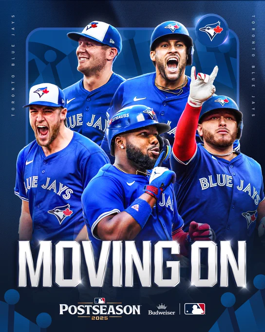 MOVING ON: Toronto Blue Jays
Pictured: Cutouts of Daulton Varsho, George Springer, Trey Yesavage, Vladimir Guerrero Jr. and Alejandro Kirk in various action poses in blue Blue Jays uniforms with white lettering
Moving on presented by Budweiser