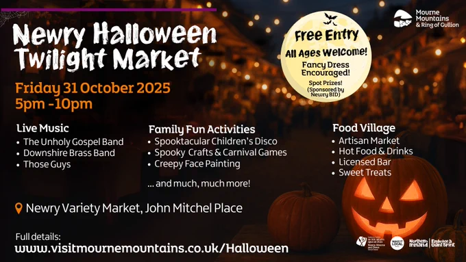 Halloween graphic promoting Newry Halloween Twilight Market 2025. Full details: www.visitmournemountains.co.uk/Halloween