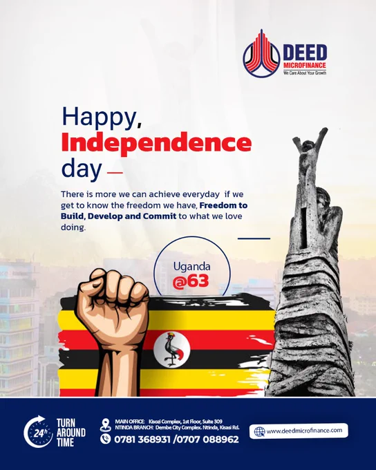 #HappyIndependenceDay from @DeedLoans ! 🎉 

Celebrating 63 years of the Pearl of Africa. There's so much more we can achieve together when we embrace the freedom we have. Let's continue to Build, Develop & Commit to the dreams that uplift our nation. 💪🏾

#DeedLoan #IndependenceDayUganda #Ugandaat63 #SupportFreedom #DeedMicrofinance