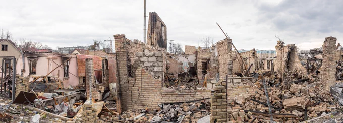 BUCHA, UKRAINE - Apr. 06, 2022: War in Ukraine. Chaos and devastation on the streets of Bucha as a result of the attack of Russian invaders