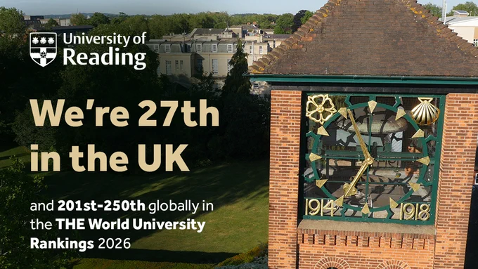 University of Reading is ranked 27th in the UK and 201st-250th globally in THE World University Rankings 2026, alongside a background image of the University's historic clock tower.