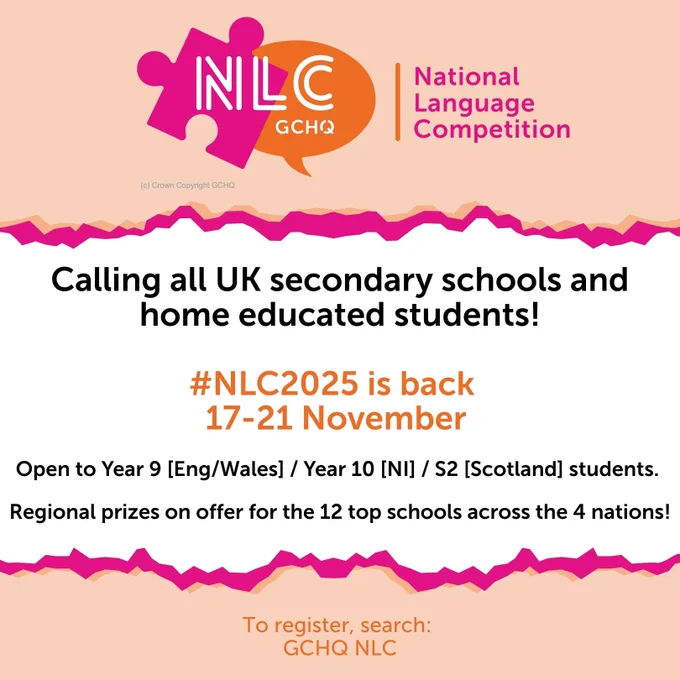 Promotional graphic for the National Language Competition (NLC) 2025, inviting UK secondary schools to participate from November 17-21. Includes GCHQ logo and details on regional prizes and entry information.