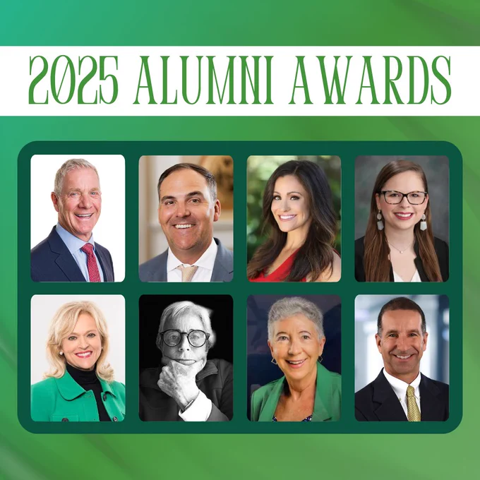 Promotional image for the 2025 Alumni Awards featuring eight Stetson alumni smiling recipients in individual portraits, set against a green background with the event title at the top.
