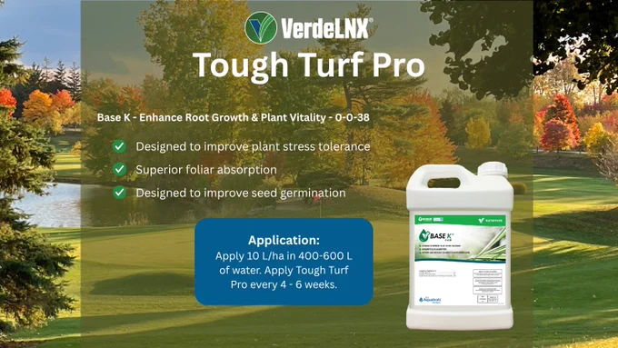 Advertisement for Base K, a product from the Tough Turf Pro package by The Aquatrols Company, featuring an autumnal golf course scene in the background. There is an image of the product container as well as bullet point information and application instructions. 