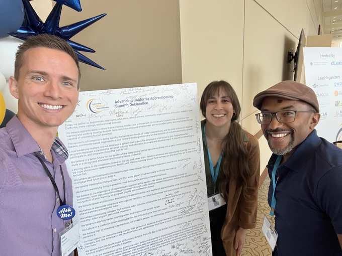 NextGen’s Policy Advisor Kami Peer, Senior Policy Advisor Ken Spence, and apprenticeship subject matter expert Alex Hussain at the Advancing California Apprenticeship Summit on October 7-9, 2025.