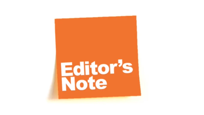 An orange sticky note with the words "Editor's Note" printed in bold white text.
