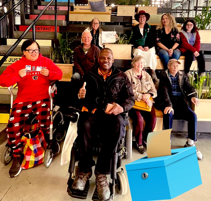 A group of people with diverse disabilities and friends celebrate the right to vote together and pose for a group picture on a tiered staircase