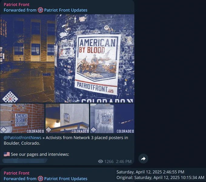 screenshot of a Patriot Front telegram post claiming wheat pastes on CU Boulder's campus.
