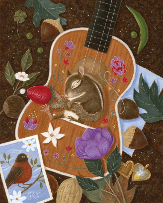 Oil painting by Gina Matarazzo depicting a chipmunk sleeping inside a ukulele surrounded by natural elements. Posted by Abend Gallery in Denver, Colorado, USA.