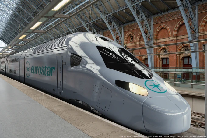 Train Eurostar Celestia en gare de Londres St-Pancras. Image générée par IA. Les couleurs et la livrée ne sont pas définitives.