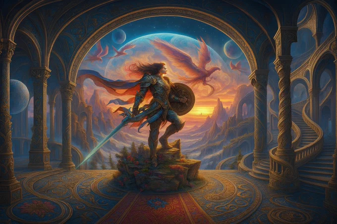 A warrior mit flowing red cape & glowing sword steht auf einem Felsen in surreal architecture. Phoenix wings, planets & sunset light umgeben die Szene – episch, mystisch, voller story-rich energy.