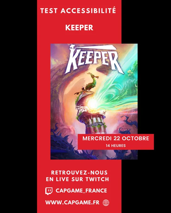 Affiche annonçant le test accessibilité de Keeper sur le Twitch capgame_france ce mercredi 22 à 14h