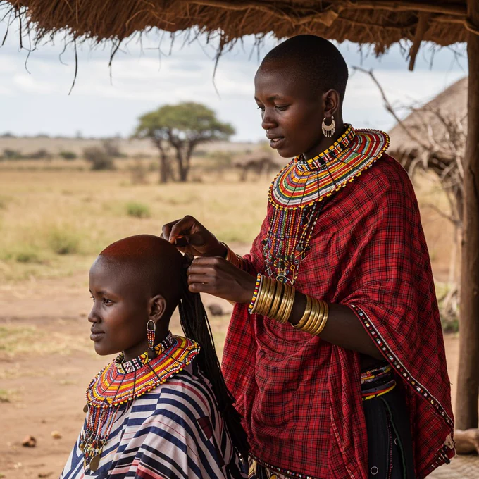 A Maasai hairstylist grooming a woman’s hair using red ochre and beads. The setting is semi-outdoor, near a traditional hut, with woven mats on the floor and the African savannah in the distance. The stylist wears colorful bead necklaces and brass bangles that glint in the sun.