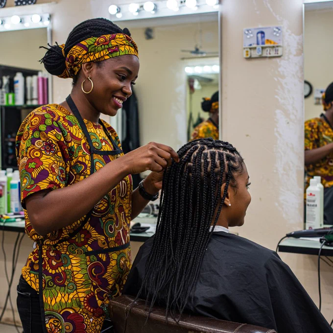 A Yoruba hairstylist braiding a young woman’s hair into intricate cornrows in a lively Lagos salon. The stylist wears a colorful Ankara apron, and the client smiles as mirrors reflect rows of hair products. Warm afternoon light filters through the window, highlighting the texture of the braids and the stylist’s focused hands.