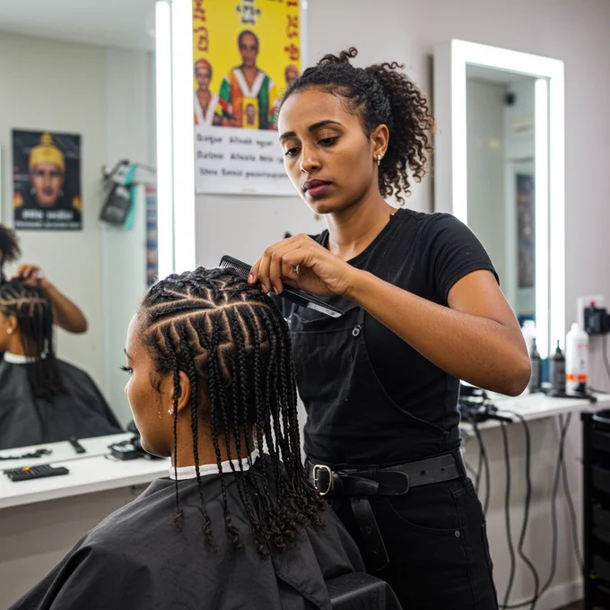 An Ethiopian hairstylist styling a client’s hair into Shuruba braids, small cornrow-like patterns running across the scalp. The salon is bright, with modern mirrors and Amharic posters on the walls. The stylist’s hands move precisely as she applies hair oil with a small comb.