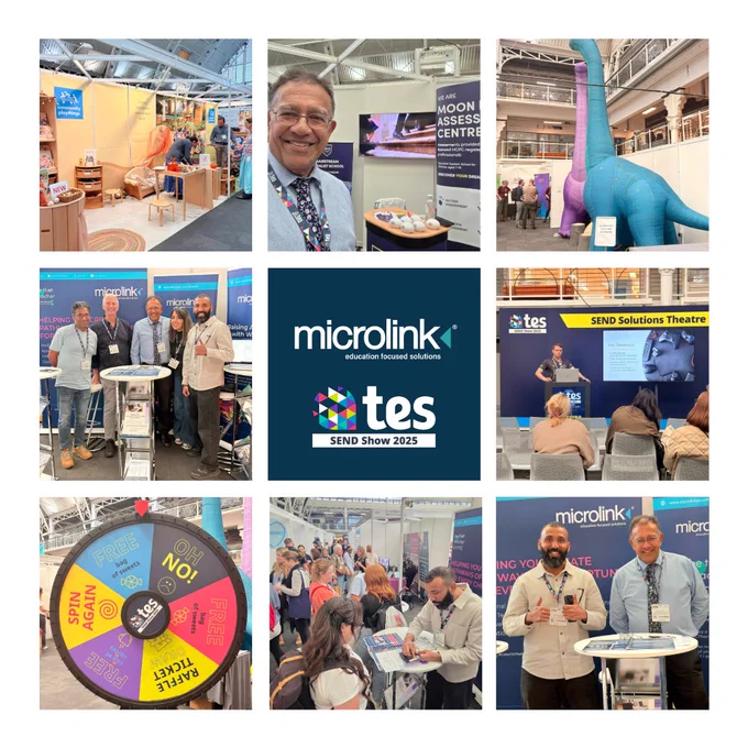 A photo grid collage of the Microlink team at the Tes SEND Show 2025.