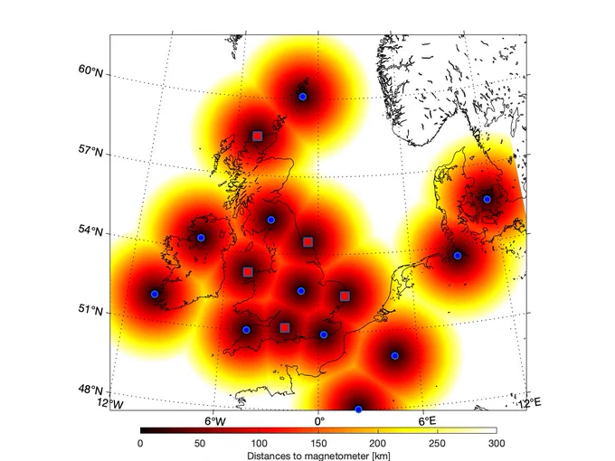 Distance to nearest quantum magnetometer across the UK