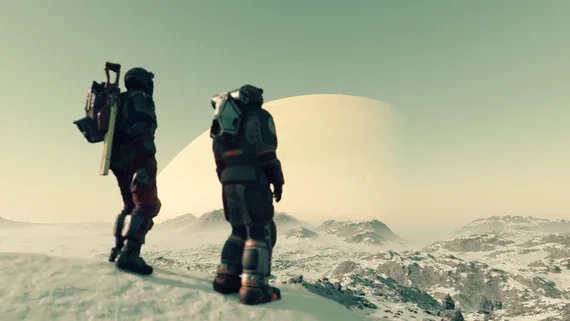 Starfield player character and another looking over snowy planet