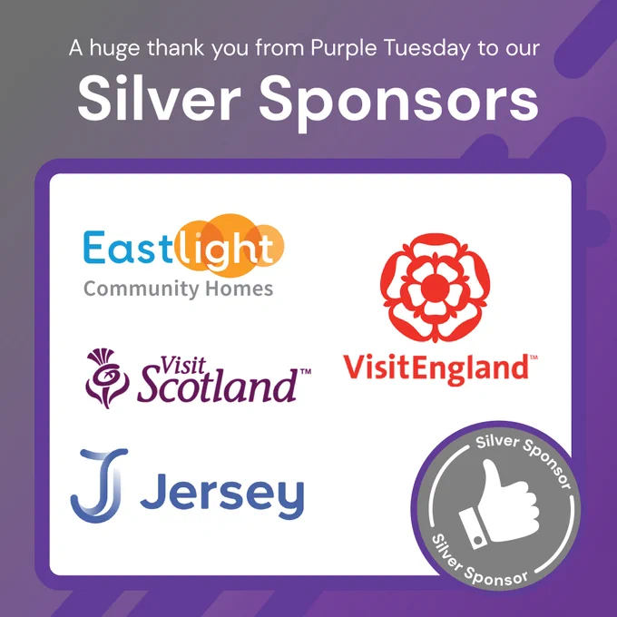 Promotional graphic with a purple background and abstract shapes, thanking Purple Tuesday’s Silver Sponsors. A white box in the centre displays logos for Eastlight Community Homes, VisitEngland, VisitScotland, and Jersey. A circular badge with a thumbs-up icon and “Silver Sponsor” appears in the bottom right corner.