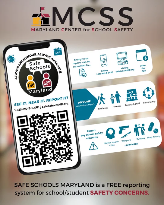 Promotional graphic for the Maryland Center for School Safety, featuring a smartphone displaying the Safe Schools Maryland reporting app interface. A large QR code is visible.