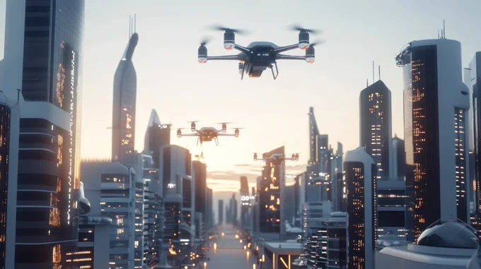 Illustration of quadcopter drones flying through an urban area.