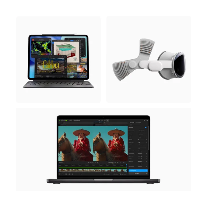iPad Pro, 14-inch MacBook Pro, and Apple Vision Pro, arranged in three separate sections of a bento box.