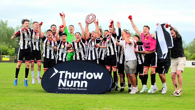 Harwich and Parkeston's 2024/25 side celebrate winning promotion back in May.
