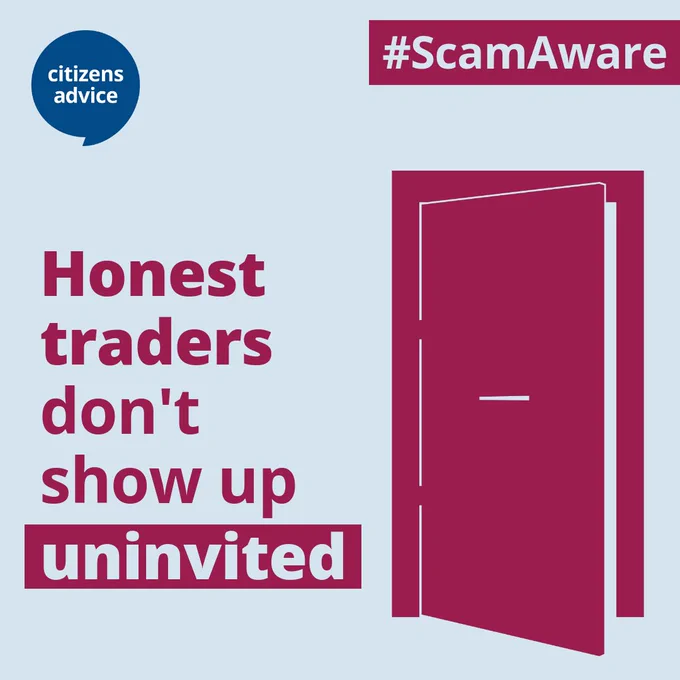 Citizens Advice public service announcement image with the message 'Honest traders don't show up uninvited,' where 'uninvited' is highlighted in red. The Citizens Advice logo is in a blue speech bubble at the top left, and '#ScamAware' appears in the top right. An illustration of an open door is shown on the right side, symbolizing uninvited visitors