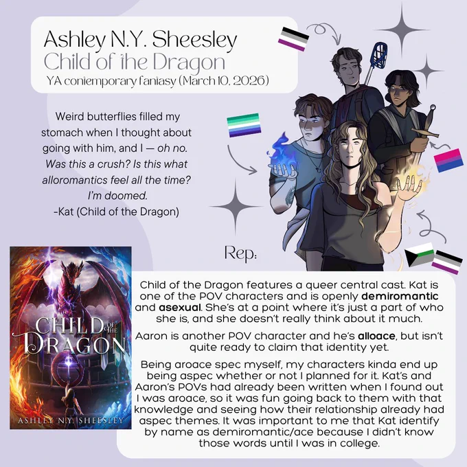 Ashley N.Y. Sheesley
Child of the Dragon
YA contemporary fantasy (March 10,2026)
Weird butterflies filled my stomach when I thought about going with him, and I - oh no.
Was this a crush? Is this what alloromantics feel all the time?
I'm doomed.

-Kat (Child of the Dragon)

Child of the Dragon features a queer central cast. Kat is one of the POV characters and is openly demiromantic and asexual. She's at a point where it's just a part of who she is, and she doesn't really think about it much.
Aaron is another POV character and he's alloace, but isn't quite ready to claim that identity yet.
Being aroace spec myself, my characters kinda end up being aspec whether or not I planned for it. Kat's and Aaron's POVs had already been written when I found out I was aroace, so it was fun going back to them with that knowledge and seeing how their relationship already had aspec themes. It was important to me that Kat identify by name as demiromantic/ace because I didn't