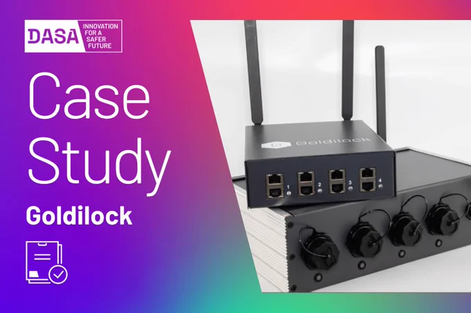 Black Goldilock network device with multiple Ethernet ports and antennas on a white surface, shown alongside another black device with circular connectors. Text reads, 'Case Study Goldilock'
