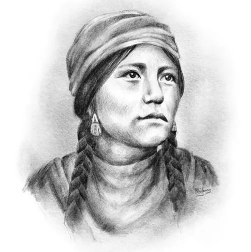 A grayscale sketch of a person wearing a headscarf and large earrings, with two braids visible, depicted in a detailed pencil drawing style.