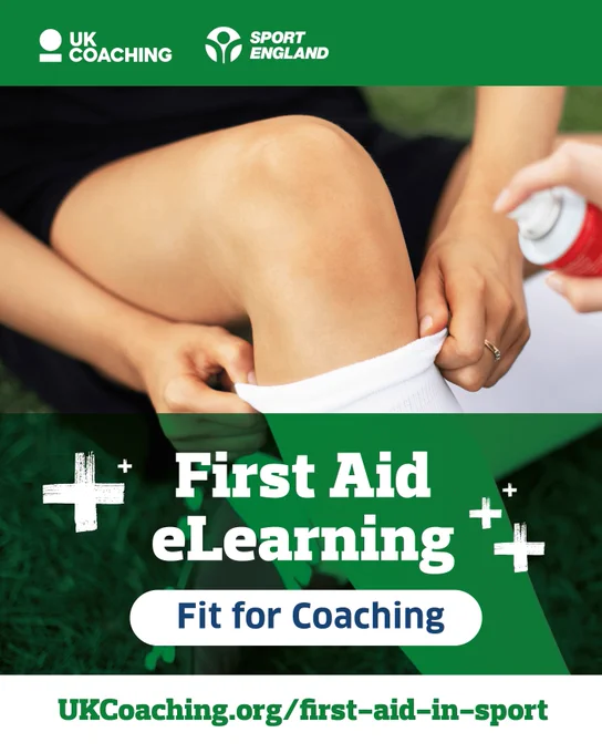 Promotional poster for First Aid eLearning by UK Coaching and Sport England, showing a person applying a bandage on someone's knee. Text includes 'Fit for sport' and website link for more information.