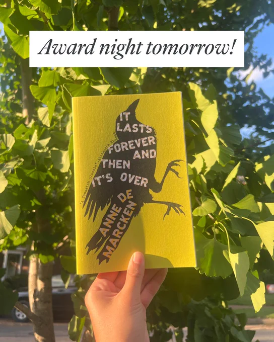 A hand holds up a copy of IT LASTS FOREVER AND THEN IT'S OVER by Anne de Markcen in front of a tree at sunset, below the words "Award Night Tomorrow!"