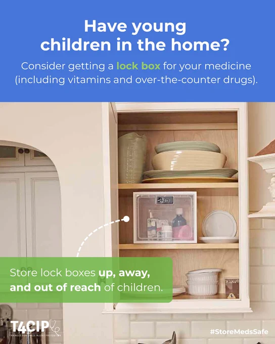 Have young children in the home? Consider getting a lock box for your medicine (including vitamins and over-the-counter drugs). Store lock boxes up, away, and out of reach of children. Photo of meds in a lock box stored in a high kitchen cabinet.