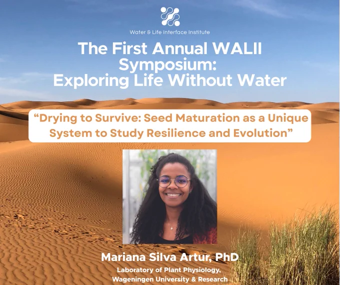 Promotional graphic with a desert background promoting the First Annual WALII Symposium. The graphic includes the abstract title, and image of one of the invited speakers. 