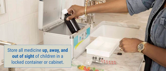 Graphic showing a woman putting medicines inside a
lockbox. Text reads: Store all medicine up, away, and out of
sight of children in a locked container or cabinet.