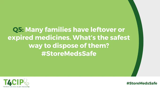 Q5: Many families have leftover or expired medicines. What’s the safest way to dispose of them? #StoreMedsSafe