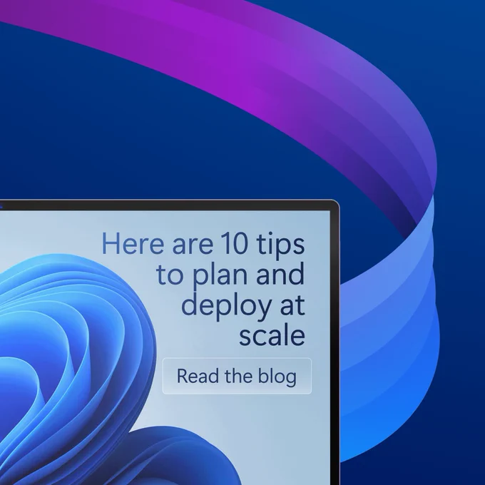 A purple gradient against a dark blue background. On the left side of the frame is a computer screen with blue text that reads "Here are 10 tips to plan and deploy at scale. Read the blog"