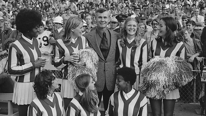 In this black-and-white photo, "Tonight Show" host Johnny Carson, wearing a suit and tie, is surrounded by Husker cheerleaders in striped shirts and pleated skirts at a Nebraska football game in 1971. (Archives and Special Collections)