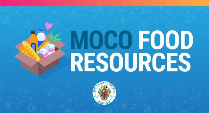 Blue background with colorful gradient top border. Illustration of a box of food items (bread, bottles, cans, greens) with a pink heart above. Large text reads “MOCO FOOD RESOURCES” in blue and white. Montgomery County, Maryland seal at the bottom center. Icons of people, graphs, and food are faintly patterned in the background.