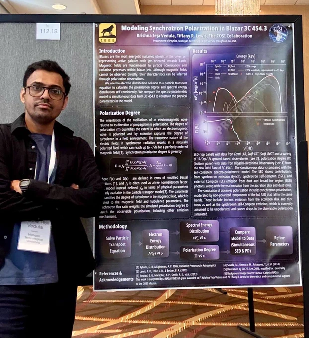 Krishna Vedula with his poster, Modeling Synchrotron Polarization in Blazar 3C 454.3