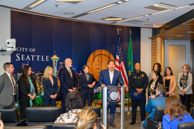 Mayor Harrell speaking at a press conference 